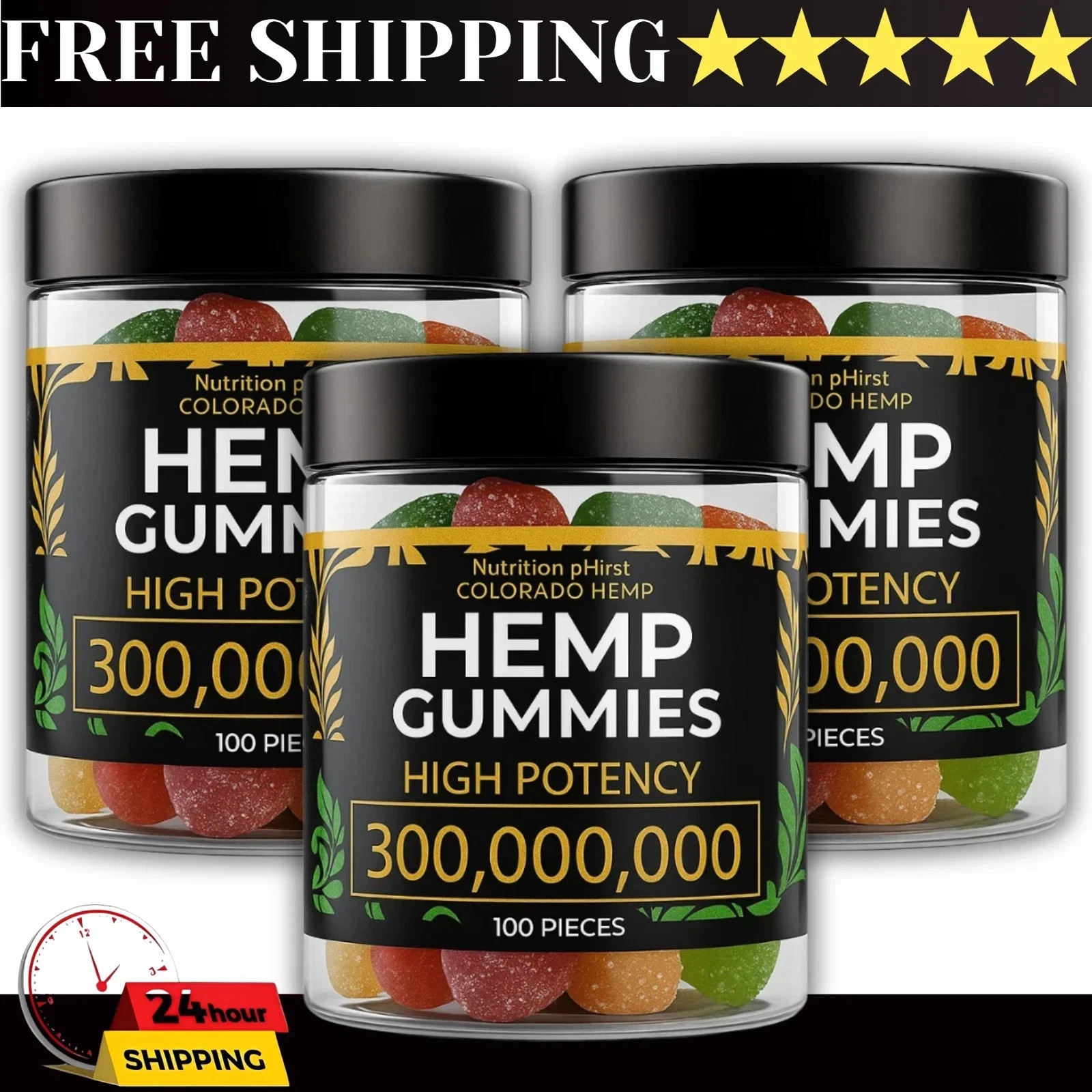 Hemp-Oil Gummies – Vegan – Pain, Sleep, Calm Anxiety Stress -Made in USA – 100ct