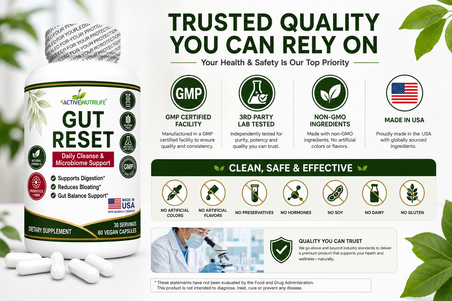 Gut Reset Probiotics Fiber Capsules for Digestion Bloating Relief 60ct