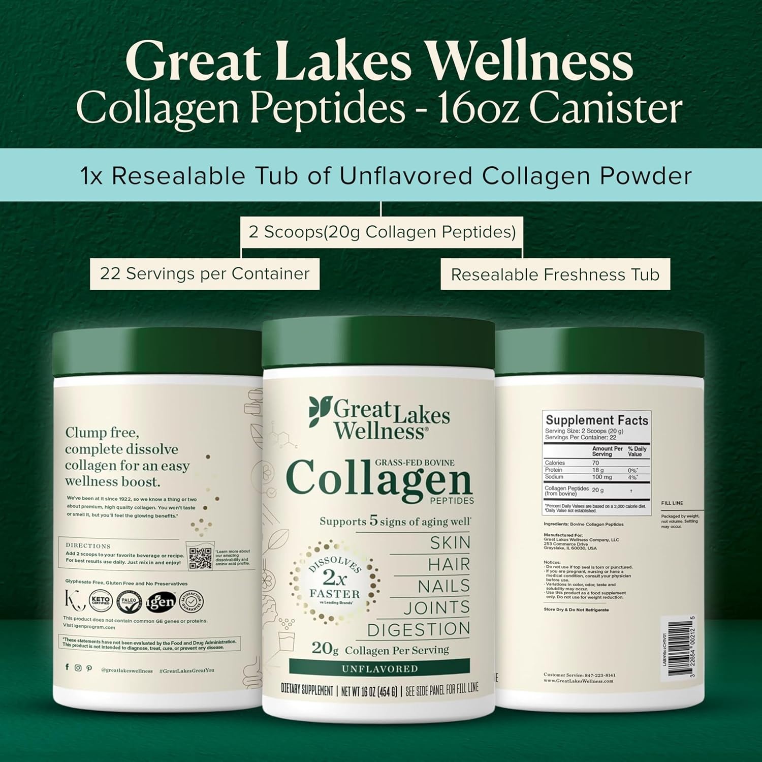 Great Lakes Wellness Collagen Peptides Powder 16 oz/22 Servings BB 2030 NEW