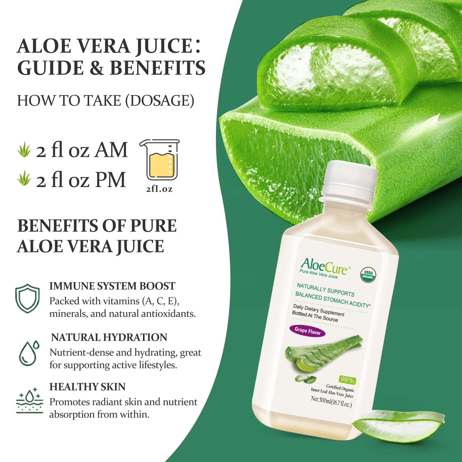 AloeCure USDA Organic Aloe Vera Juice Grape 16.7 Fl Oz (Pack of 1), White