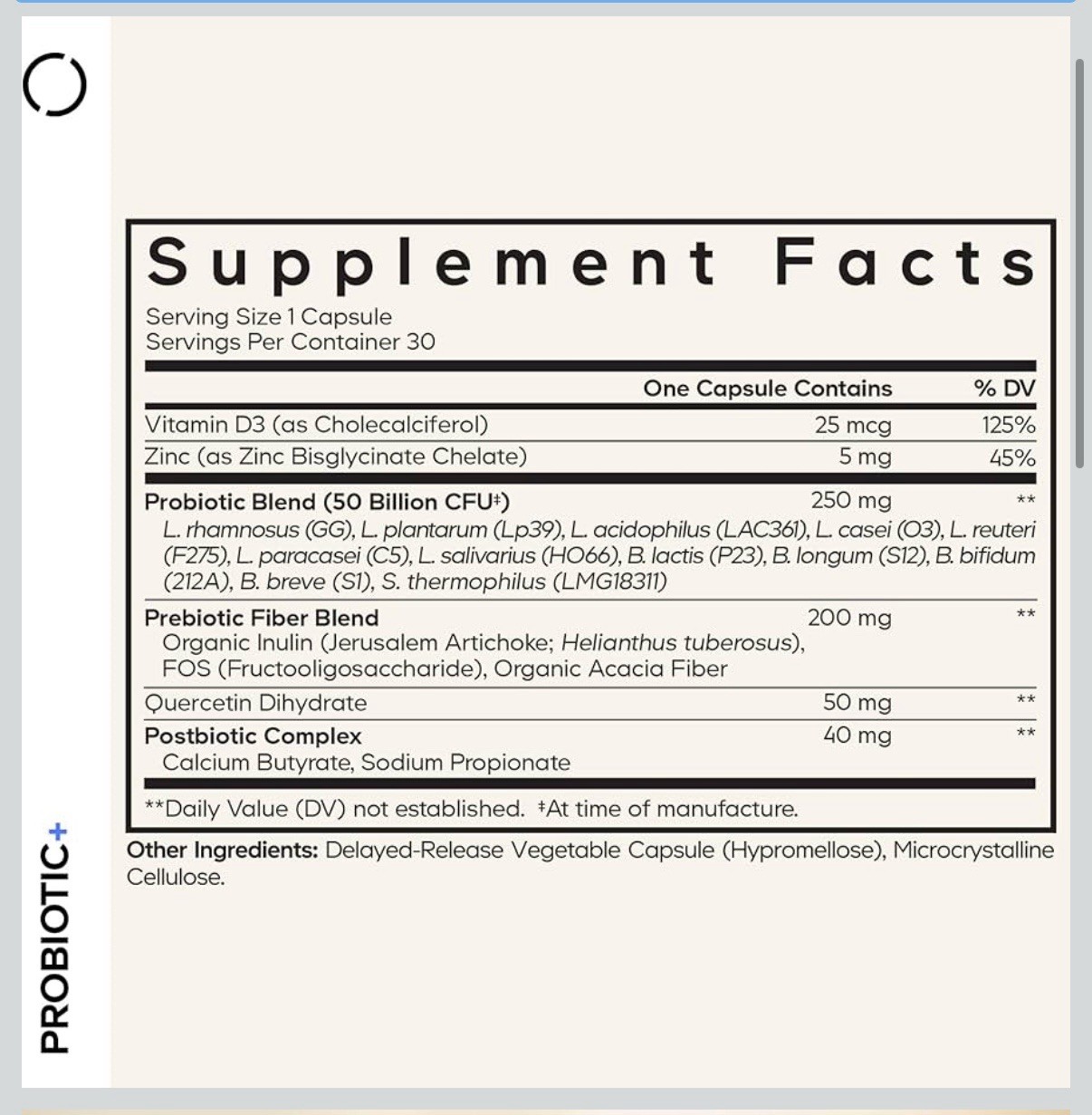 Codeage Probiotic+ 50 Billion CFU 12Strain D3, Zinc Bisglycinate, Quercetin 30ct
