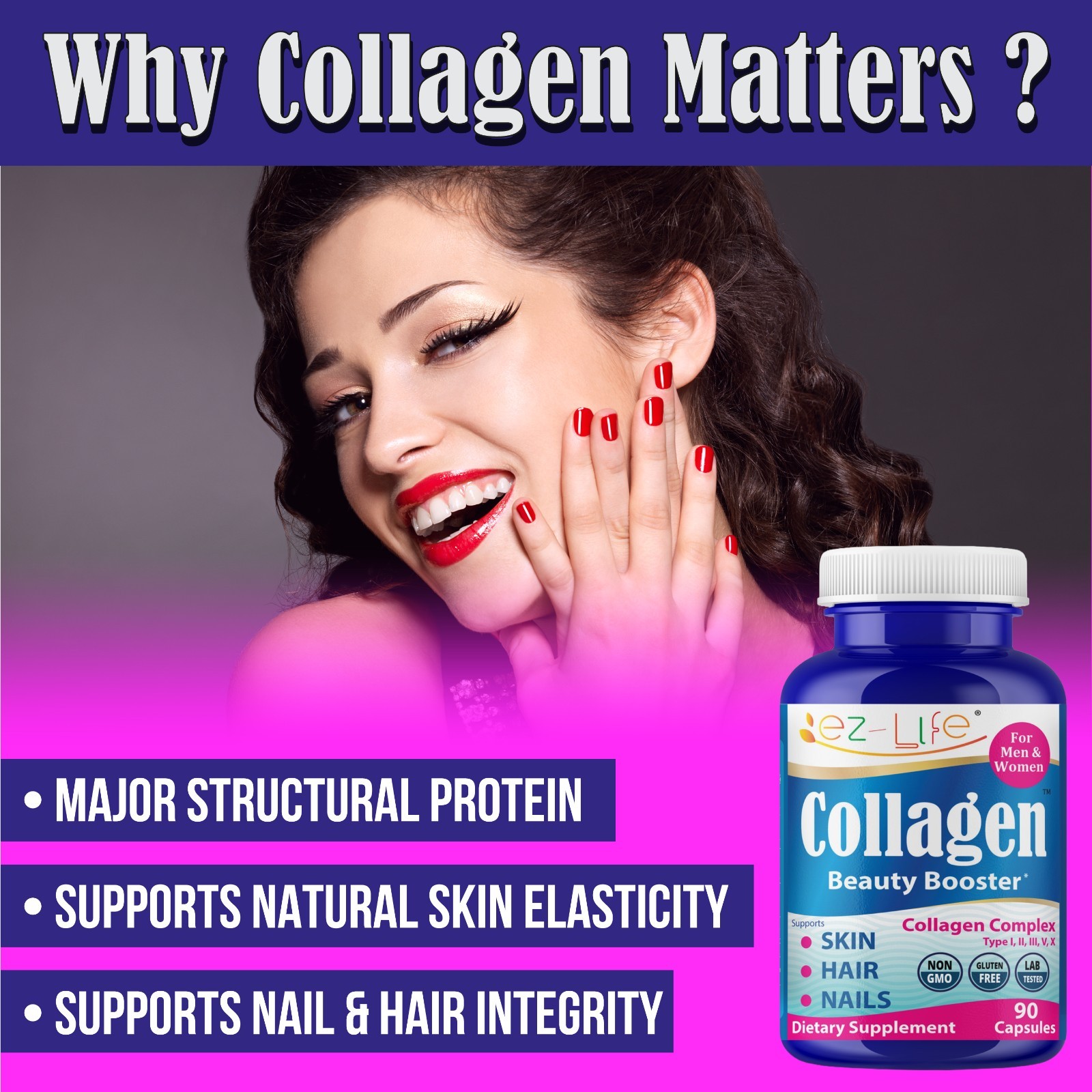 Collagen Peptides Beauty Supplement for Men & Women-Hydrolyzed Anti Aging 90Caps
