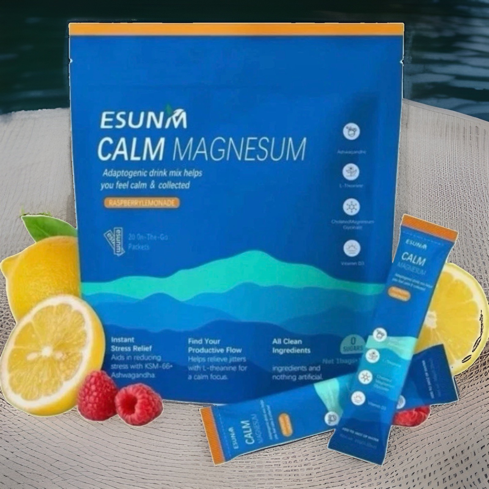 ESUNM Calm Magnesium Raspberry Lemonade Drink Mix Stress Relief 20 Packets