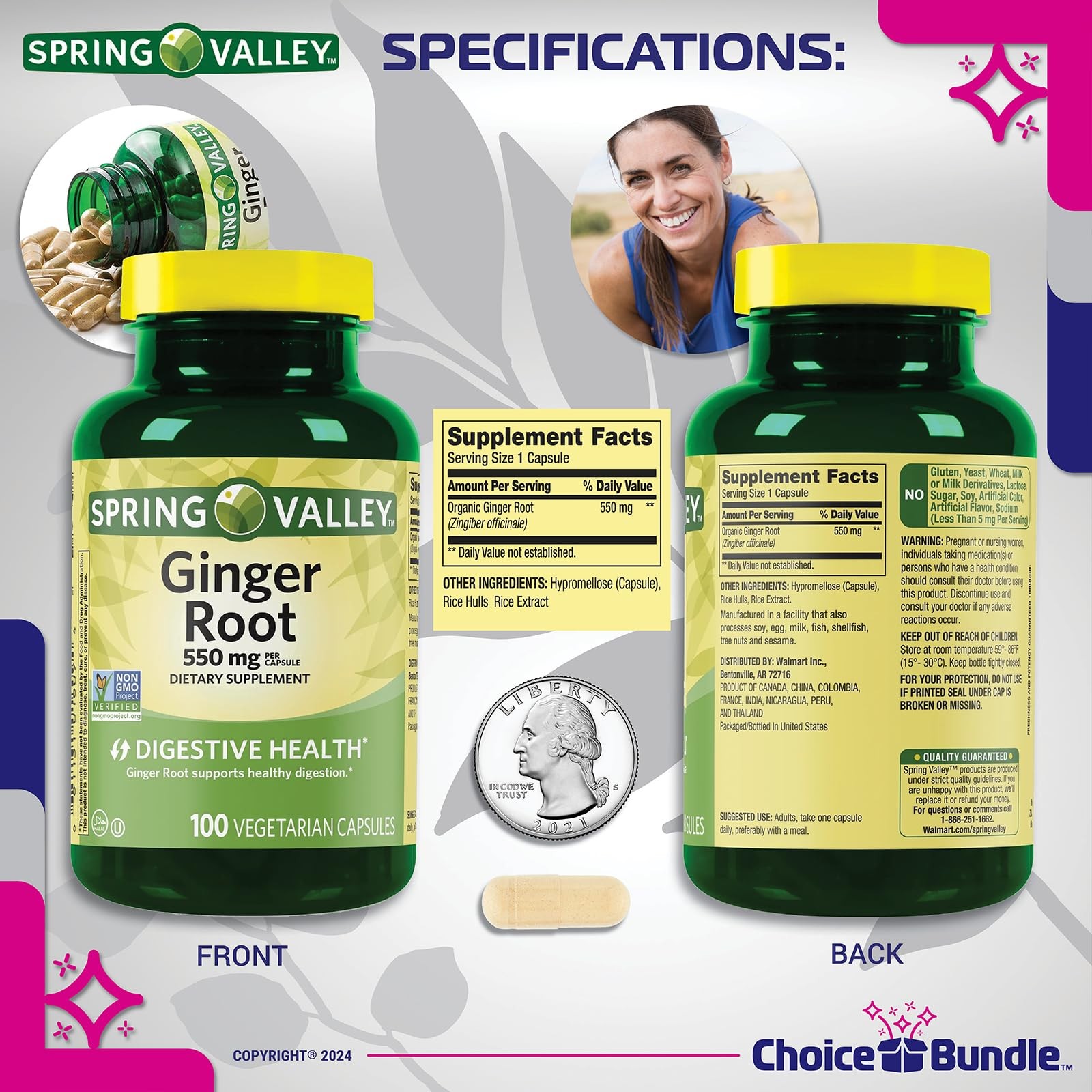 Spring Valley Ginger Root 550mg 400 Caps (4 Pk 100ct) + Vitality Vitamin & Case