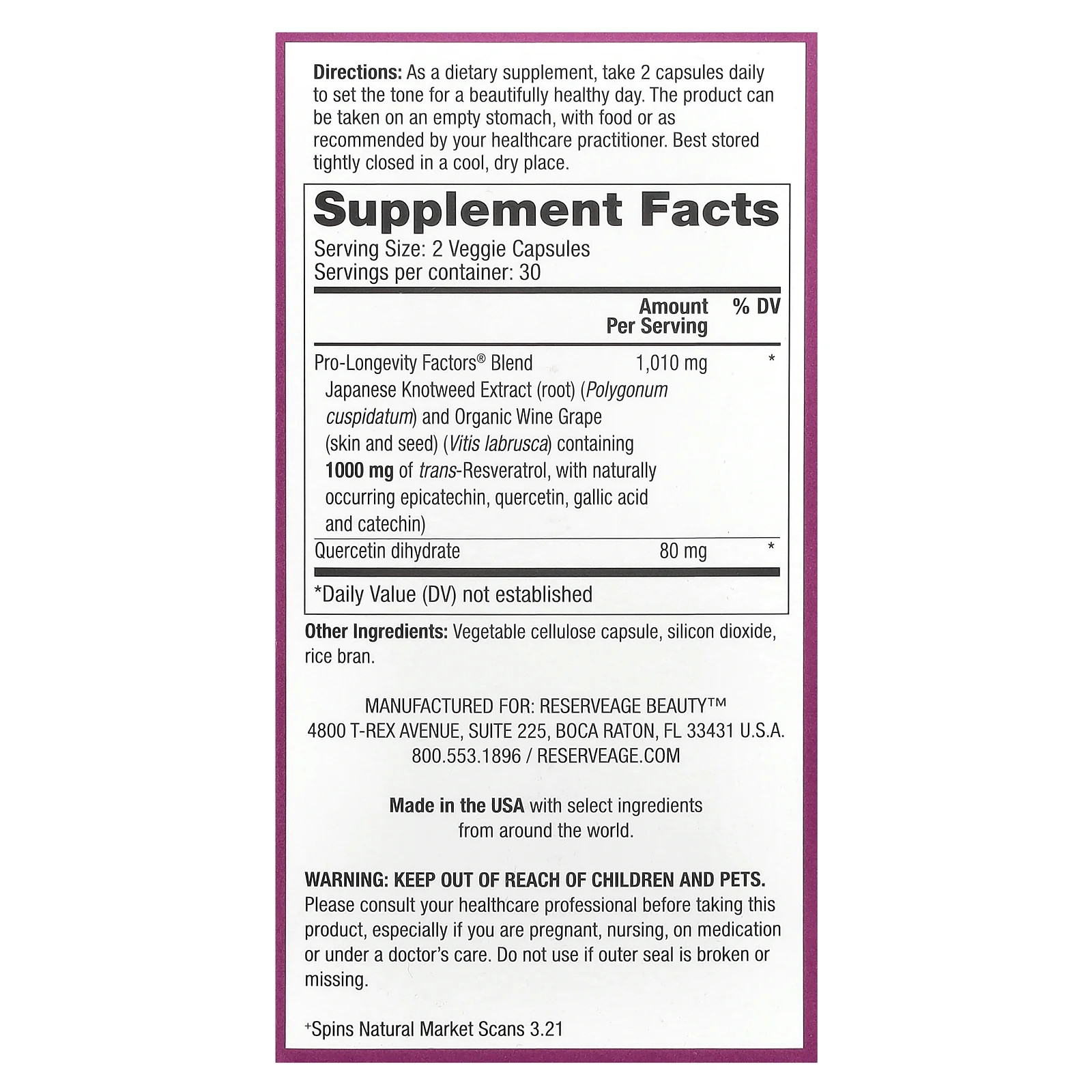 2 X Reserveage Beauty, Resveratrol, 60 Veggie Capsules