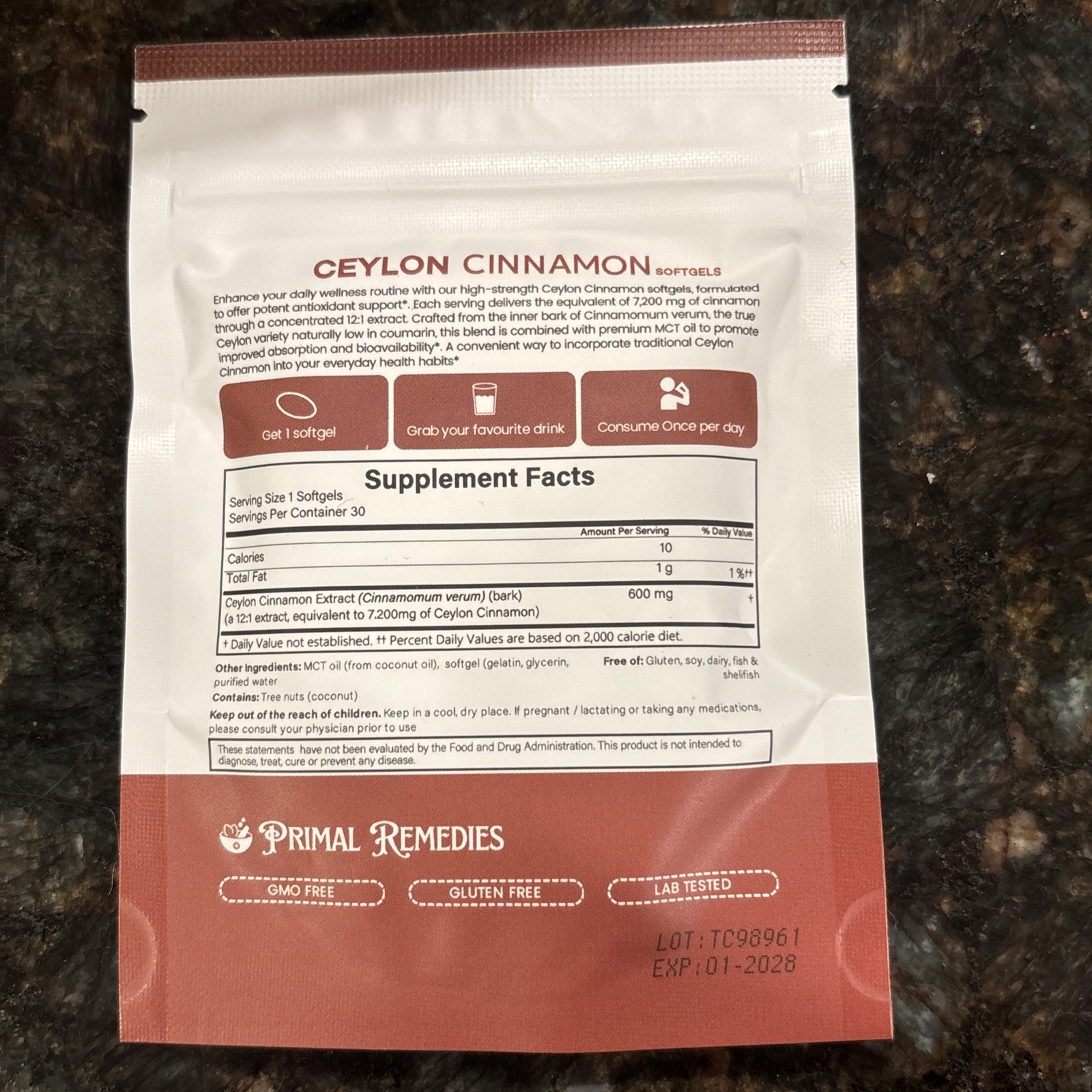 Primal Remedies Ceylon Cinnamon Extract 600mg Softgels 30 Soft gels EXP 01/28
