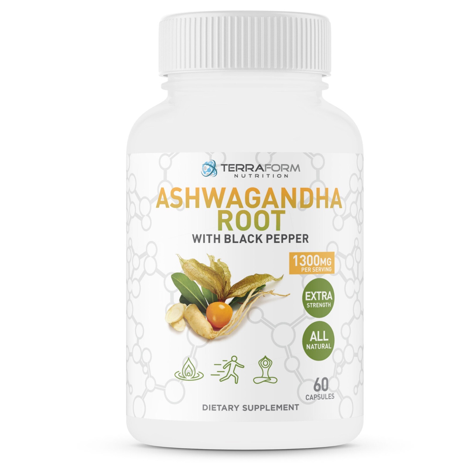 Pure Ashwagandha Root & Blk Pepper – Stress & Anxiety Support – 1300mg/30 Serv.