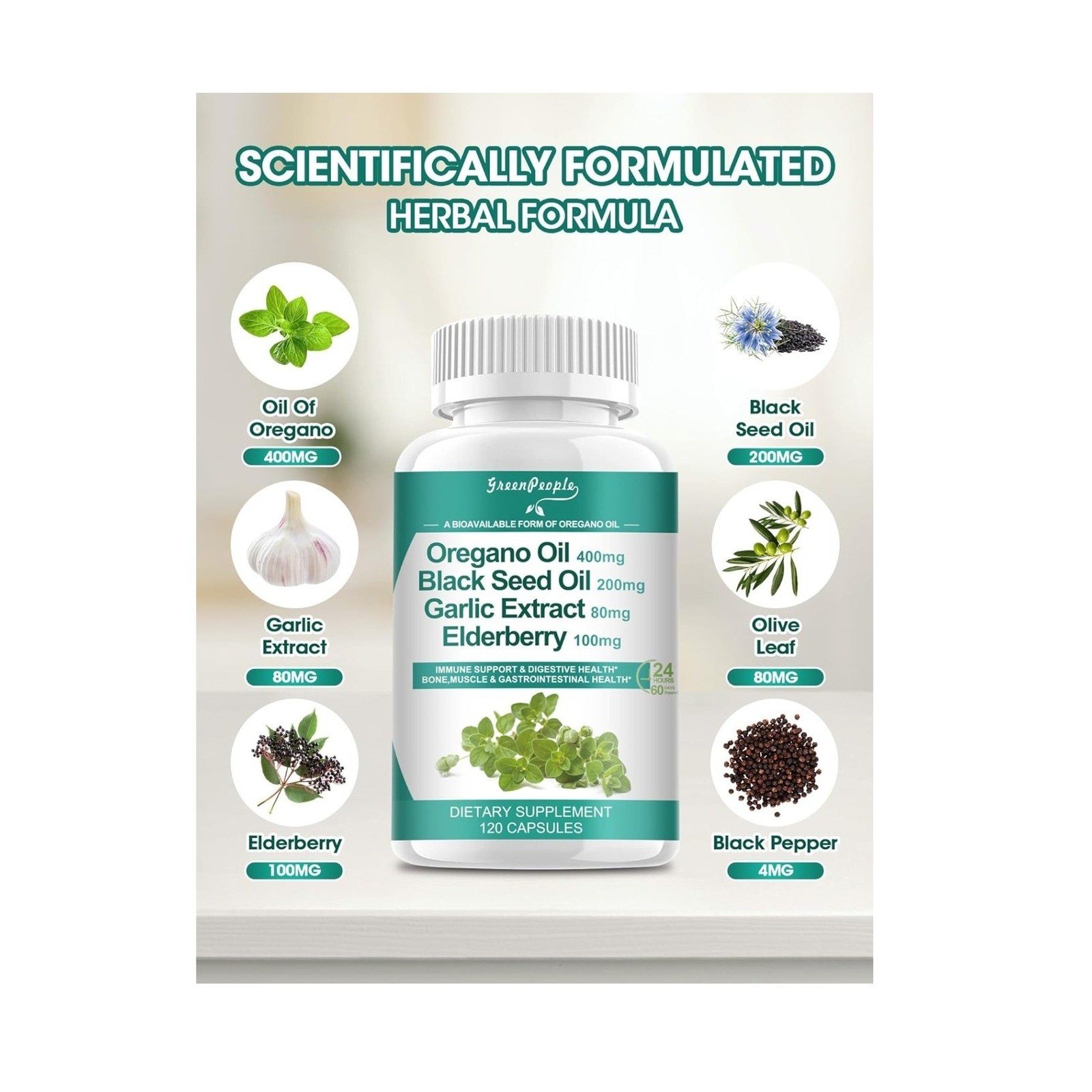 Oregano Oil Black Seed Garlic Elderberry Supplement 120 Capsules