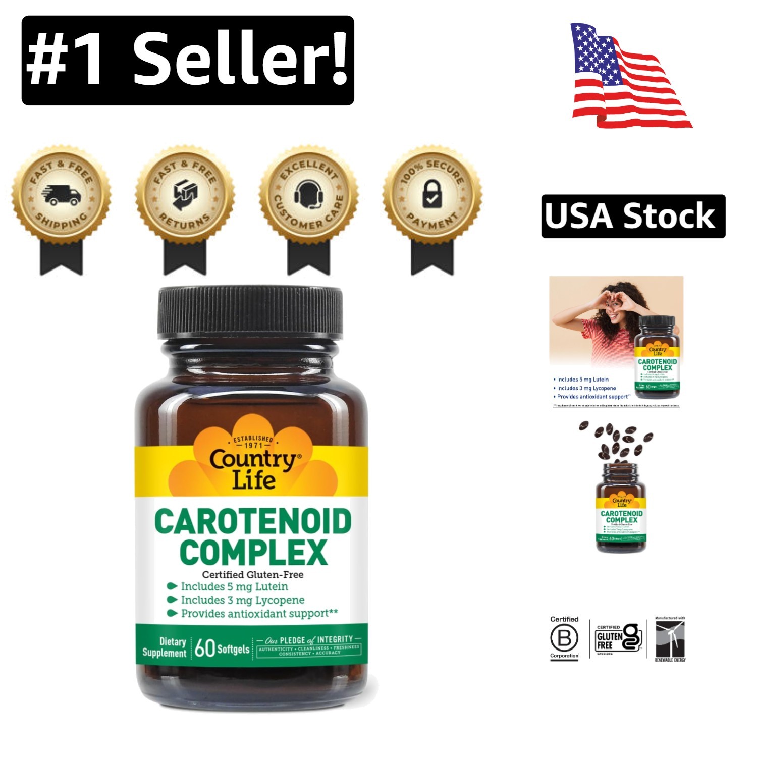 Certified Gluten Free Carotenoid Complex with Lutein & Lycopene – 60 Softgels