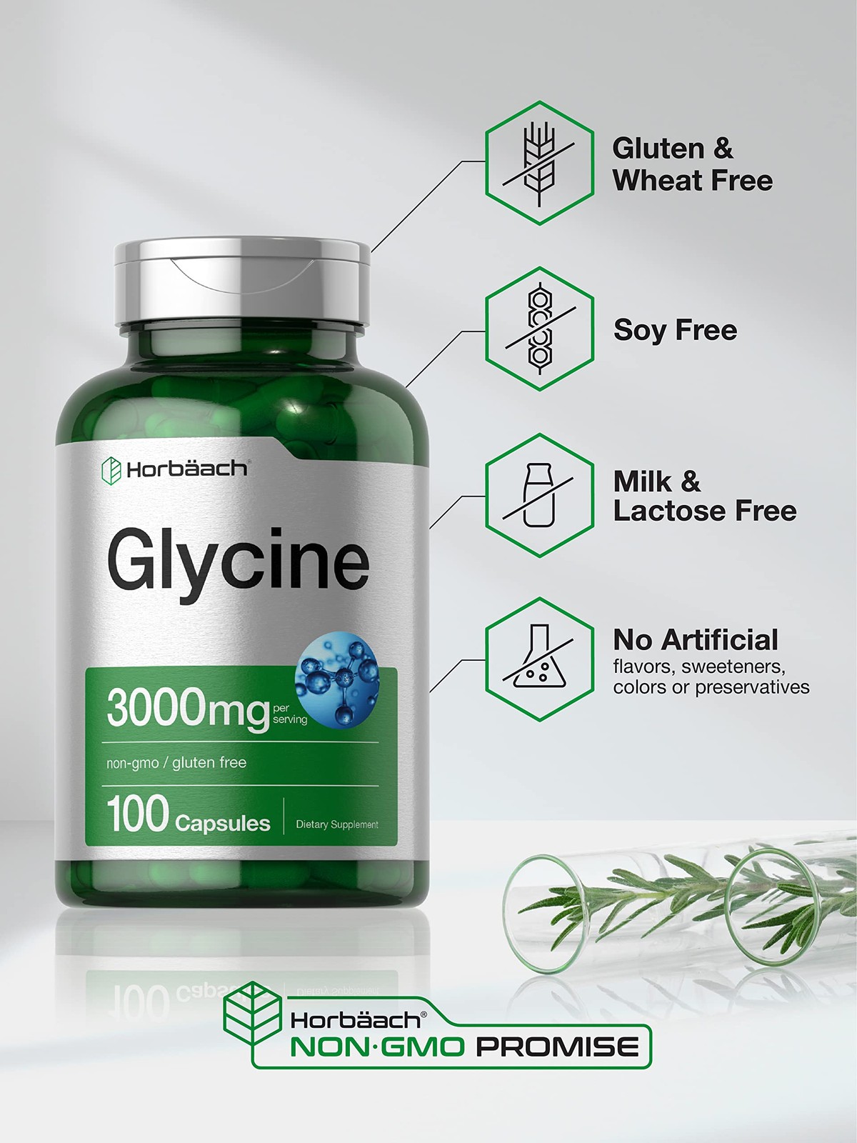 Horbäach Glycine 3000mg Supplement | 100 Powder Capsules 100 Count (Pack of 1)