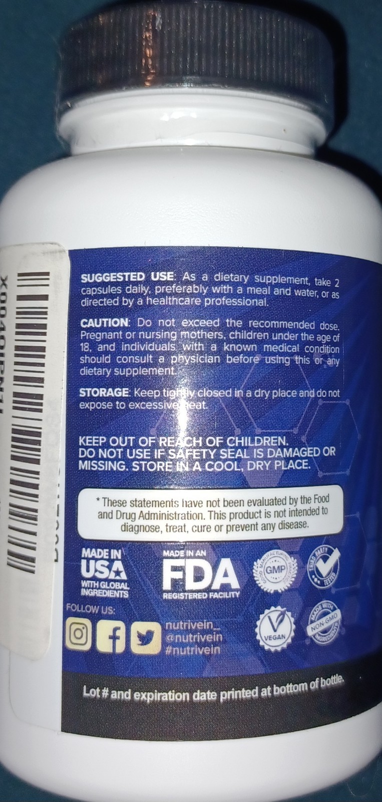 Nutrivein Premium NAD + Resveratrol Supplement 600 mg 30 Servings (60 Capsules)