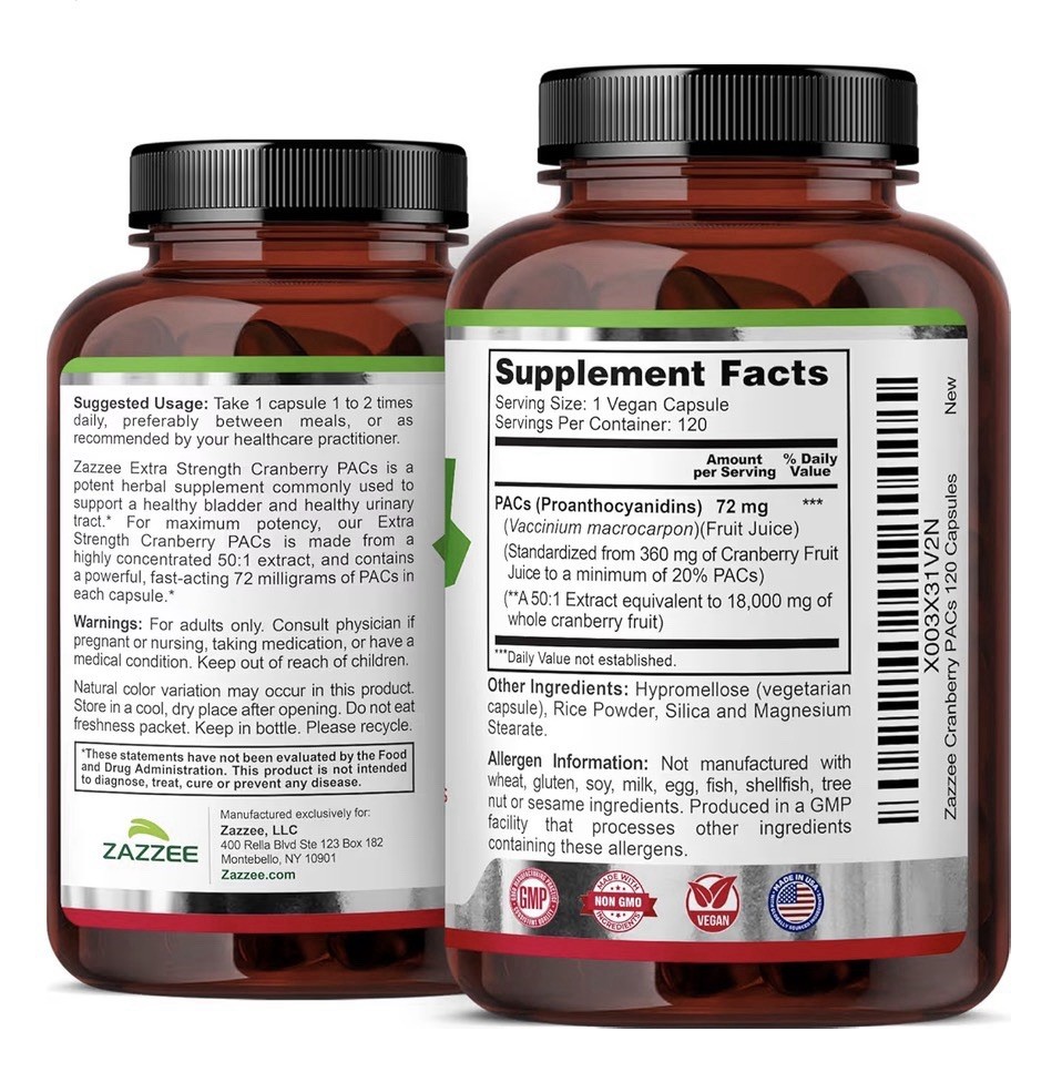 Zazzee Cranberry PACs Extra Strength Urinary Tract Support 100% Soluble 120 Caps