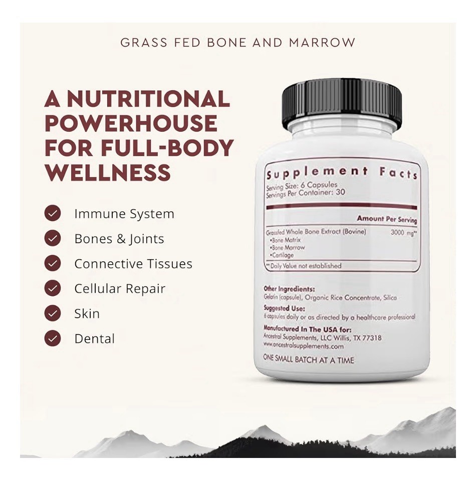 Ancestral Supplements Bone and Marrow Grass Fed Beef Pasture Raised 180 Capsules