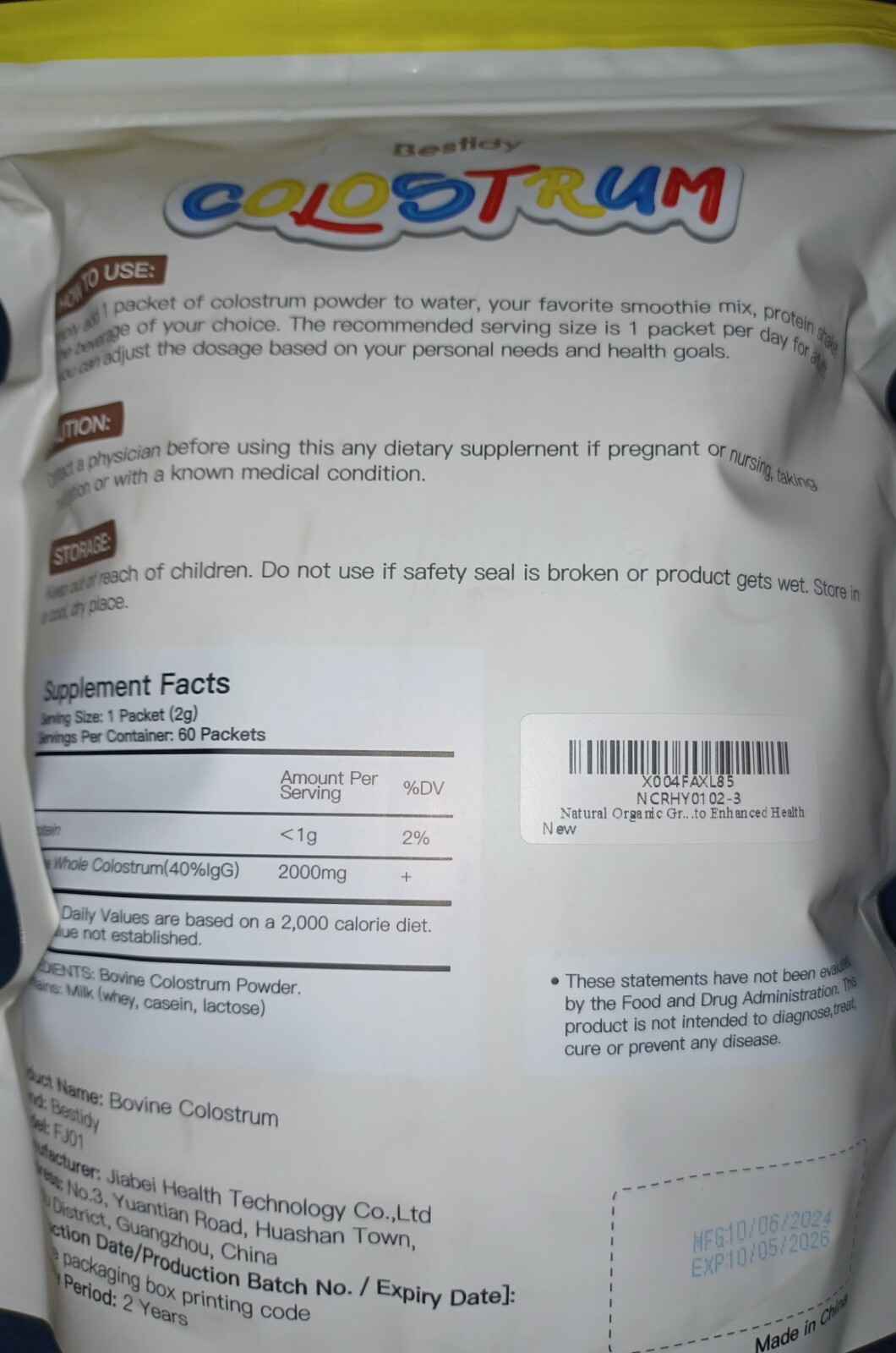 Bestidy Colostrum Powder Supplement Pure 40% IgG Individually Packaged (60 Pack)
