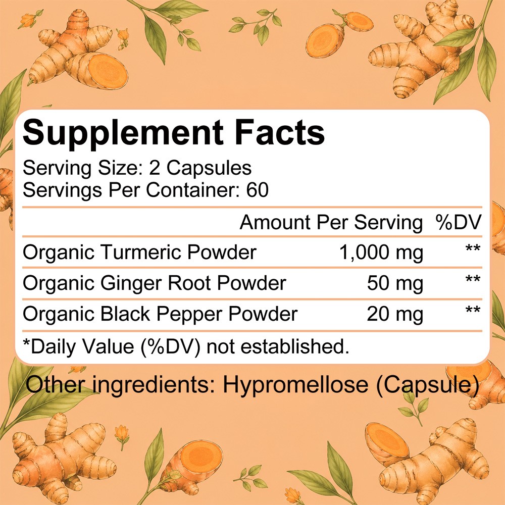 1000mg Organic Turmeric Complex Capsules, Joint Mobility, Comfort 30/60/120 Caps