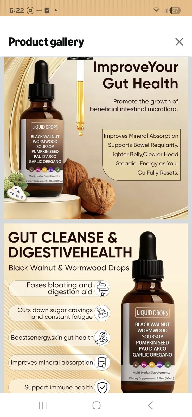 Digestive Support Herbal Drops Black Walnut Wormwood Oregano 2 fl oz