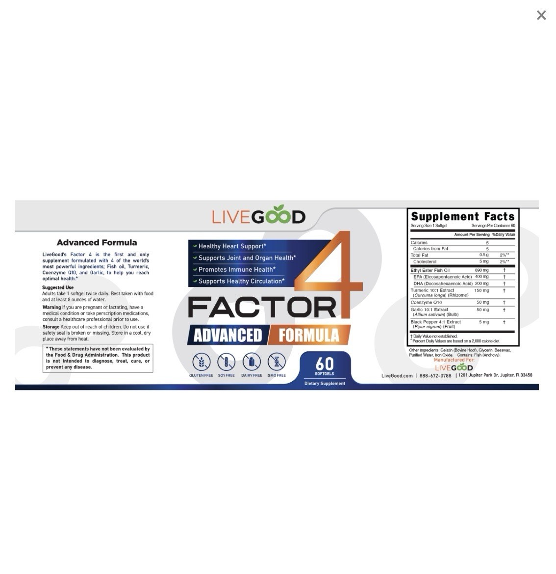 LiveGood Factor 4 Advanced Formula Softgels 60ct EPA DHA Turmeric CoQ10