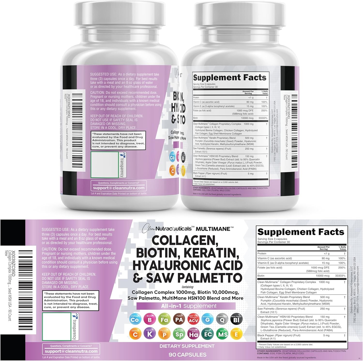 Clean Nutraceuticals Collagen Pills 1000mg Biotin 10000mcg Keratin Saw Palmetto