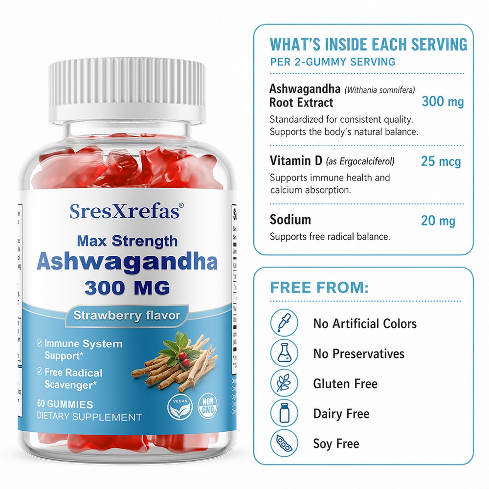 300mg Herb Root Gummie Infused with Vitamin D for Stress Balance,Immune,60 Count