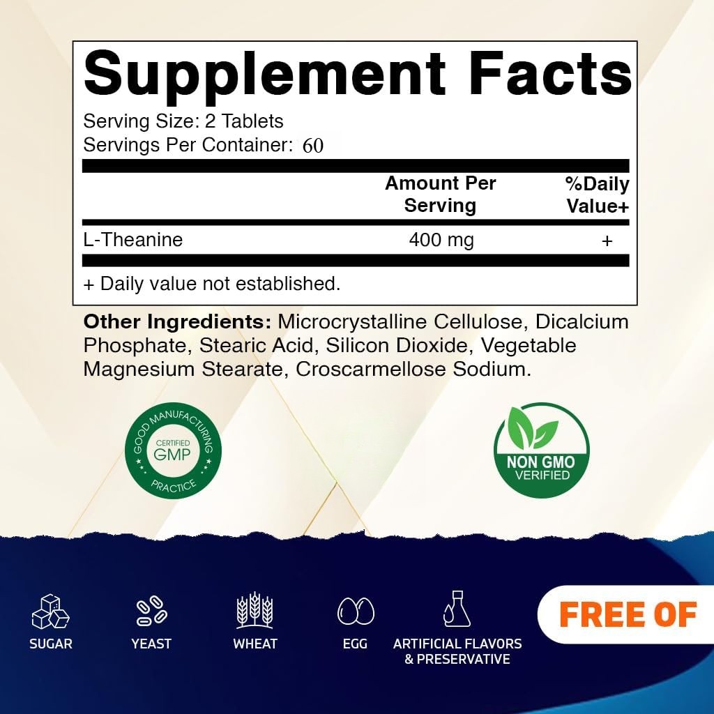 L-Theanine Supplement 400mg per Serving Supports Calm Relxation 120 Capsules