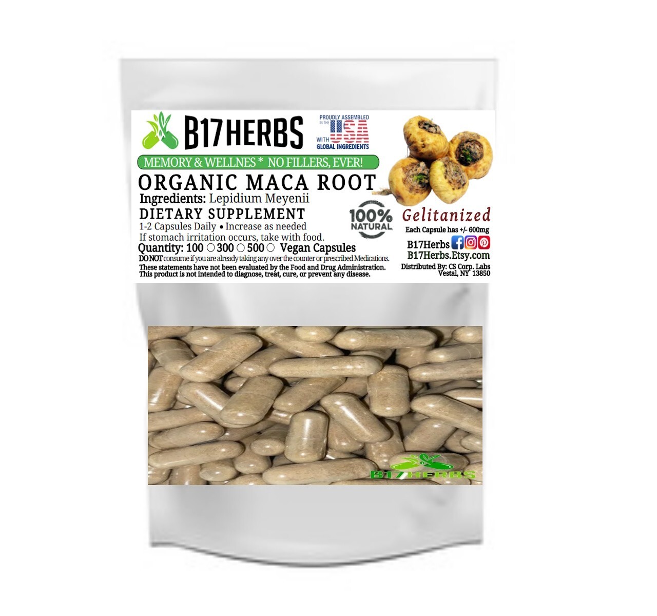 Gelatinized Maca Root – Health, Wellness, Energy, Memory – 600mg 100 Veg. Caps