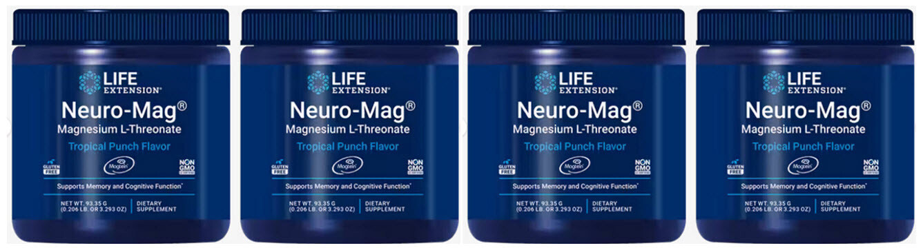 NEURO-MAG Magnesium L-Threonate TROPICAL PUNCH POWDER 4 BOTTLES LIFE EXTENSION