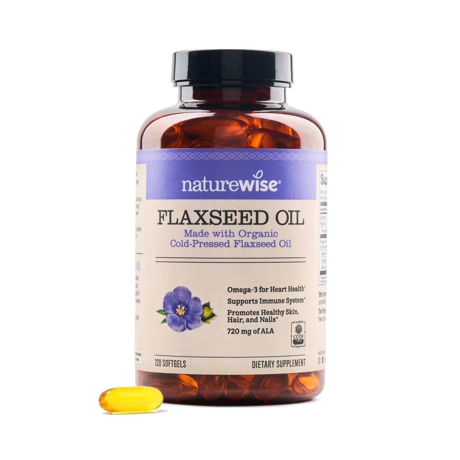 NatureWise Flaxseed Oil 1200 mg, Fish Free Omega 3 120 Count (Pack of 1), Tan
