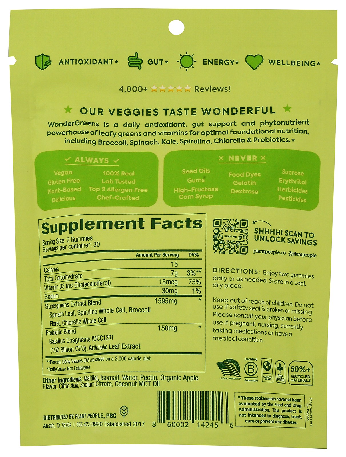 Wonder Greens Plant People Green Apple Super Veggie Gummies 60 Count Ct 1 Pack