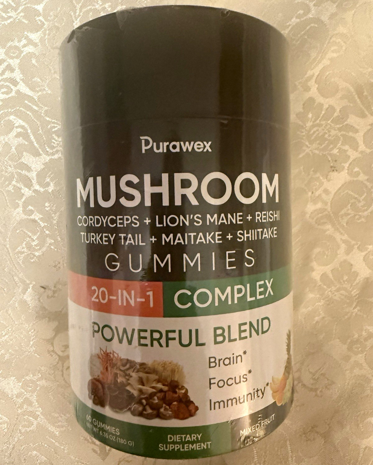 PuraWex Mushroom Gummies 20-in-1 Complex Mixed Fruit 60 Ct Vegan GMP