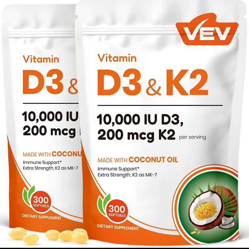 VEV D3 Vitamin K2 10000 lU,300Virgin Coconut OilSoftgels,2in 1 Vitamins Suppleme