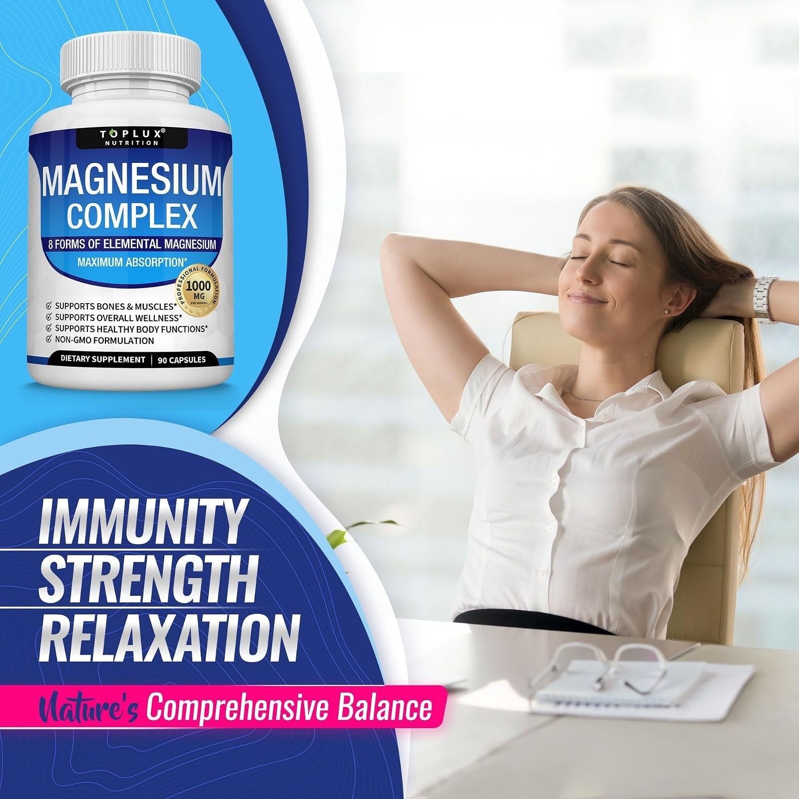 Toplux Magnesium Complex Supplement 1000mg – 90 Capsules for Muscle & Bone