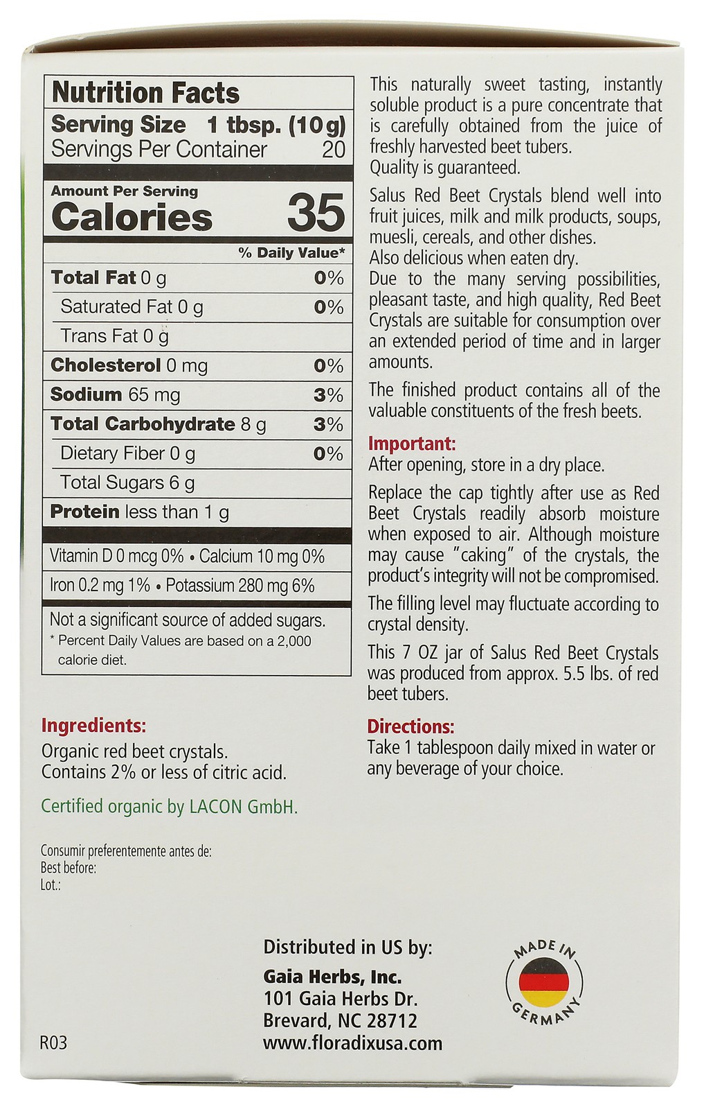Red Beet Soluble Crystals By Salus 7 Oz 1 Pack