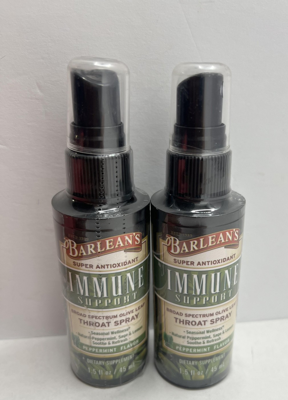 Barlean’s Immune Support 2pk Olive Leaf Throat Spray 1.5 oz Peppermint Exp 10/26