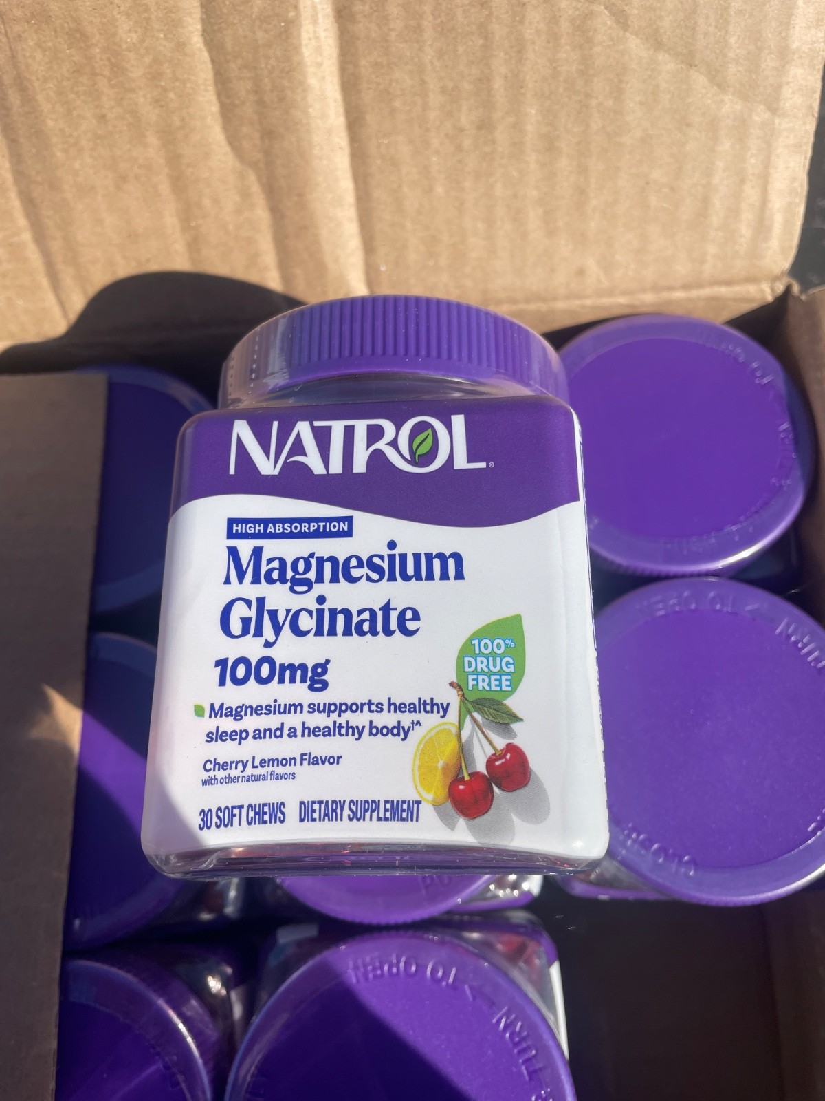 Natrol Magnesium Glycinate Supplements 100mg, Cherry Lemon Soft Chews x 12 jars