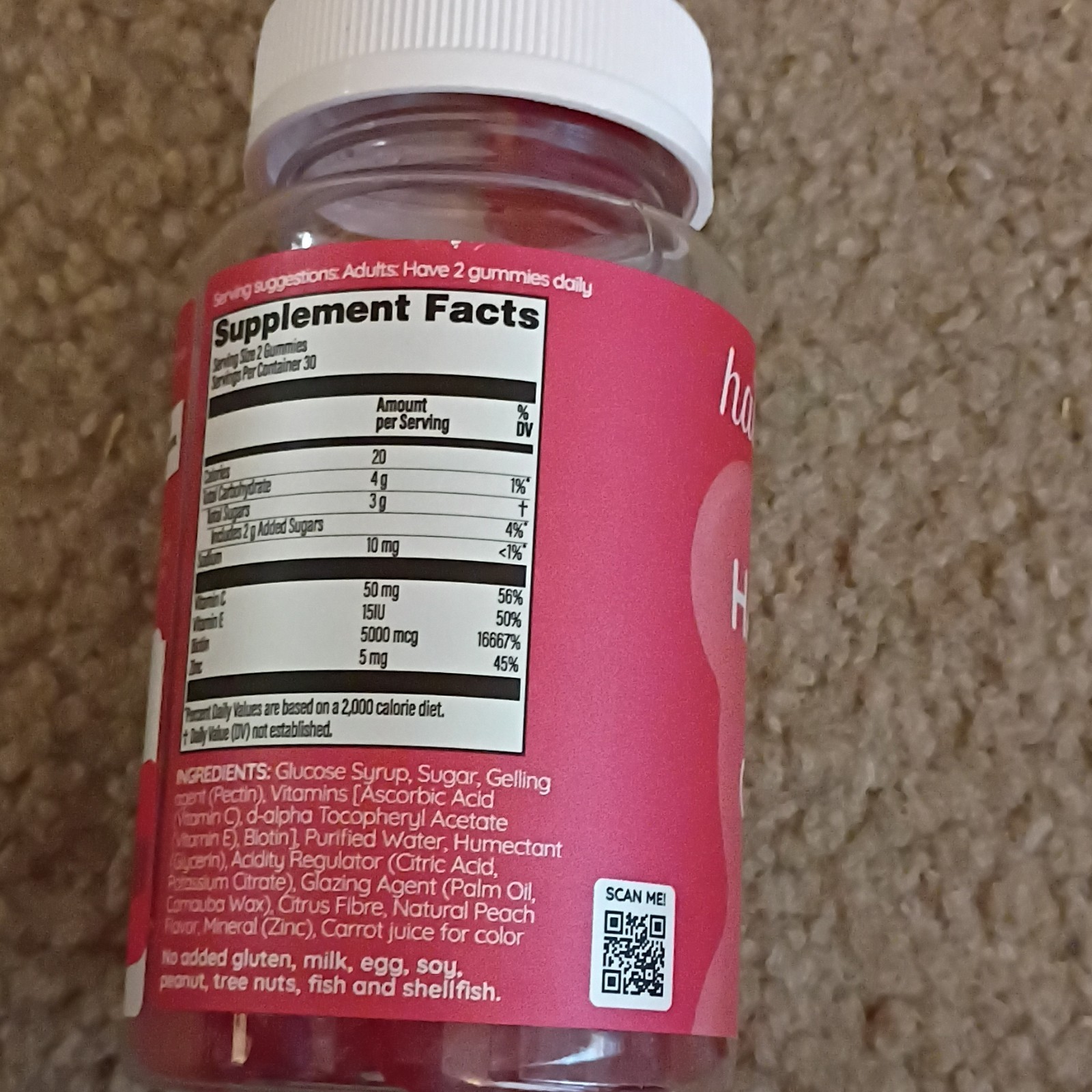 haircarebear Hair Skin Nails Gummies for Hair, Skin & Nails, Peach, 60, GF