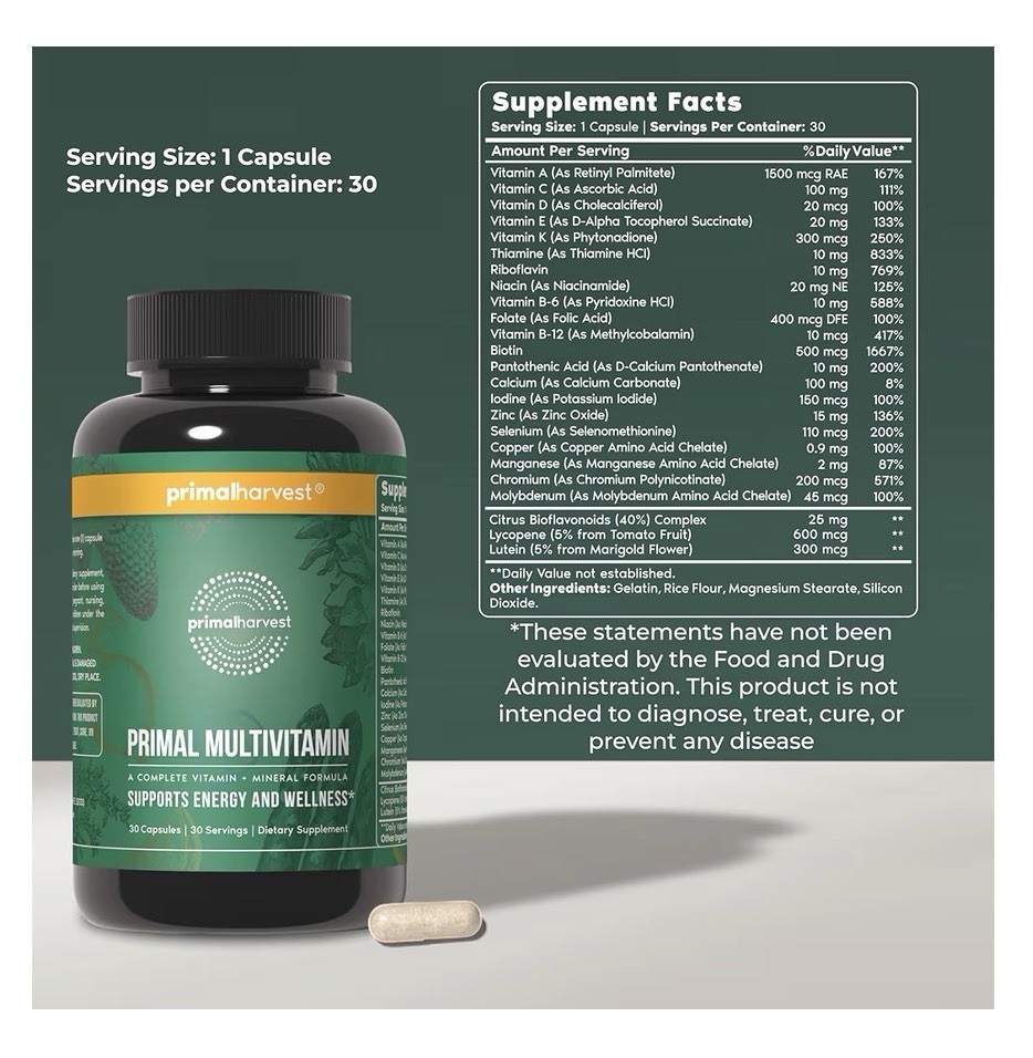 Primal Harvest Primal Multivitamin Daily Vitamin Support Energy Wellness 30 Caps