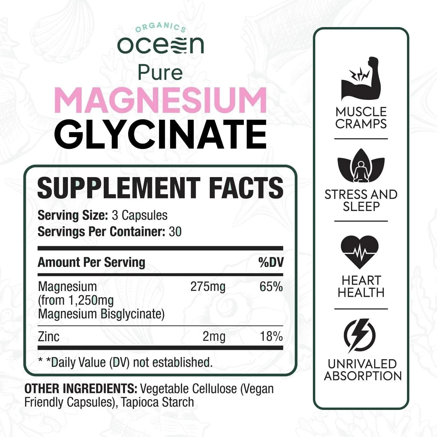 Organics Ocean organic Magnesium Glycinate with Zinc 90 Count (3 Pack) Chelated