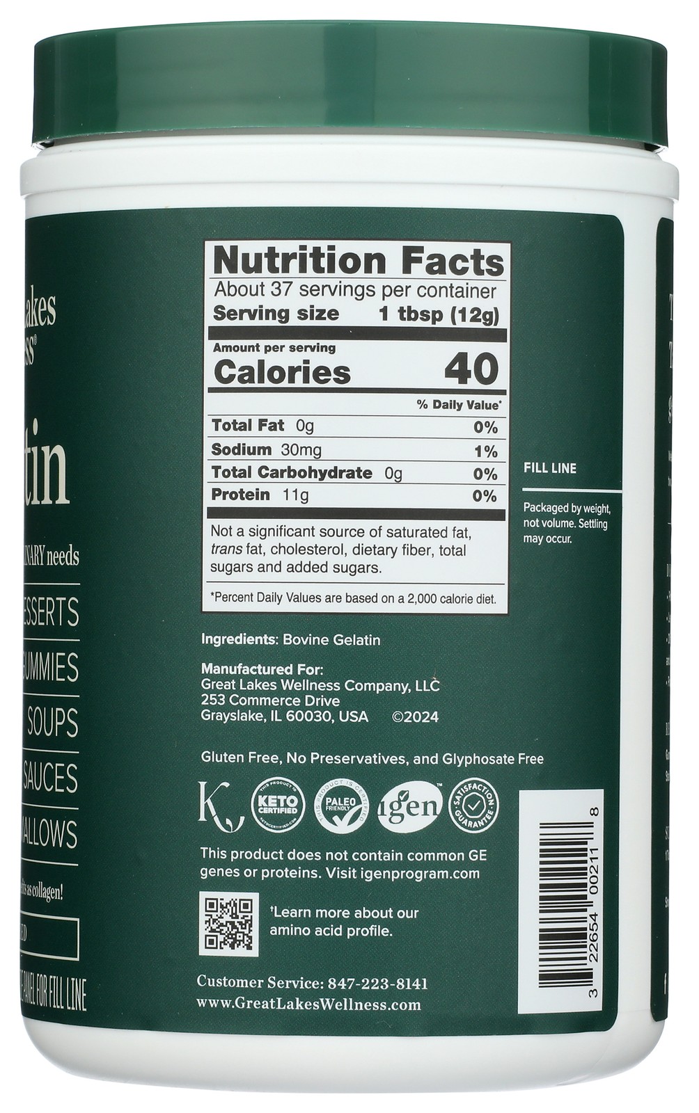 Great Lakes Wellness Culinary Beef Gelatin 16 Oz Unflavored Gummies 12G 1 Pack