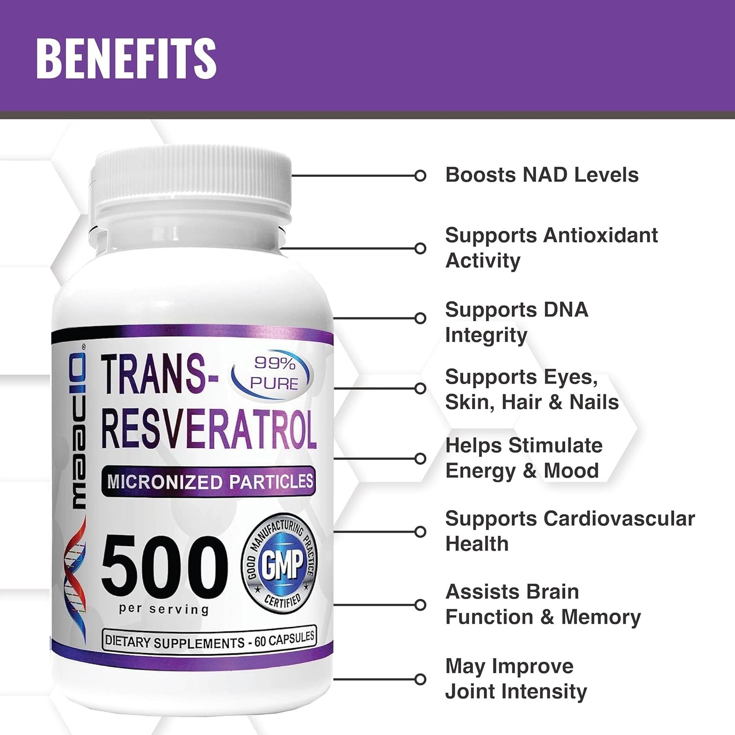 Resveratrol, 99% Pure, Micronized Trans-Resveratrol, 500mg, 60 capsules