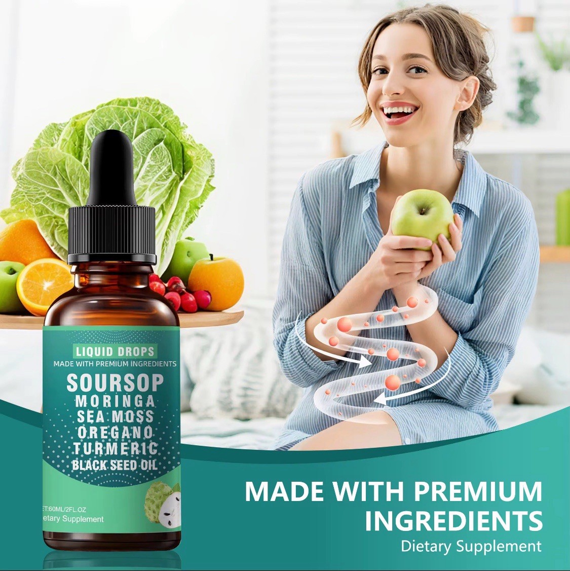 Soursop Moringa Seamoss Oregano Turmeric Liquid Drops Vegan Non-GMO 2 fl oz