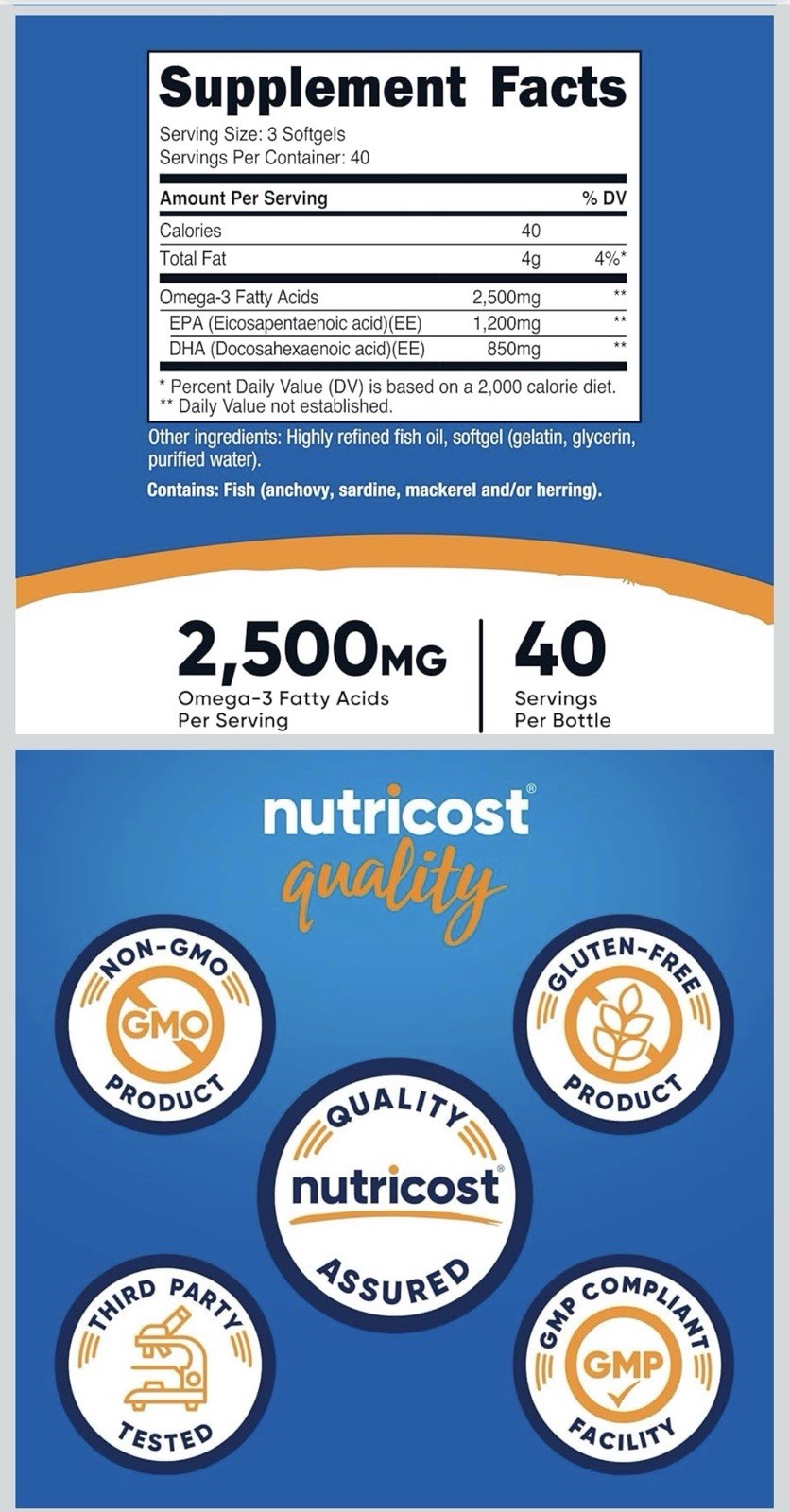 Nutricost Omega-3 Fish Oil 2500mg 120 Softgels Non-GMO Gluten-Free