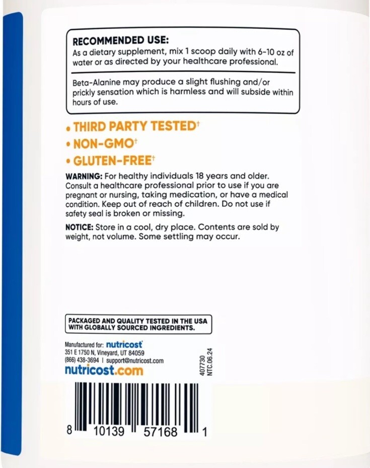 Nutricost Beta Alanine Powder 500 Grams – Pure Beta-Alanine