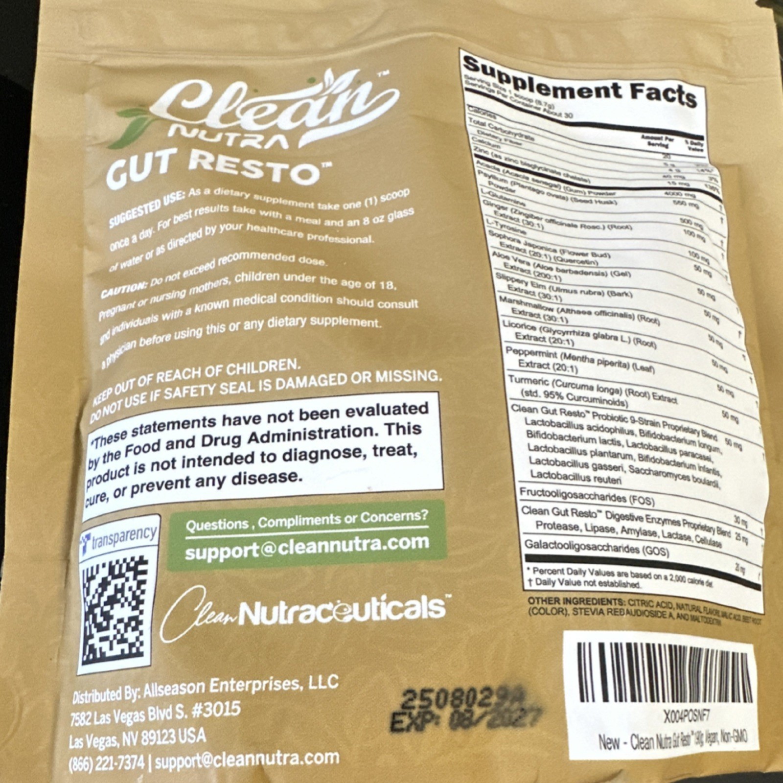 Clean Nutra Gut Resto Fiber Psyllium Acacia Ginger Powder Pink Lemonade Vegan