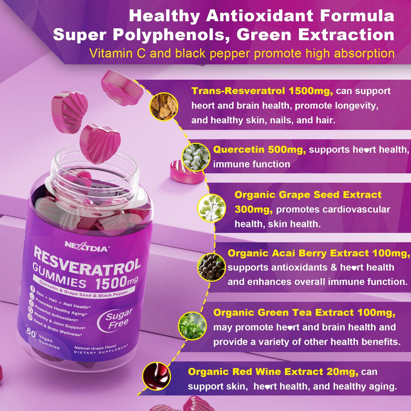 Resveratrol Supplement 1500mg – Gummies 60 Count (Pack of 2)