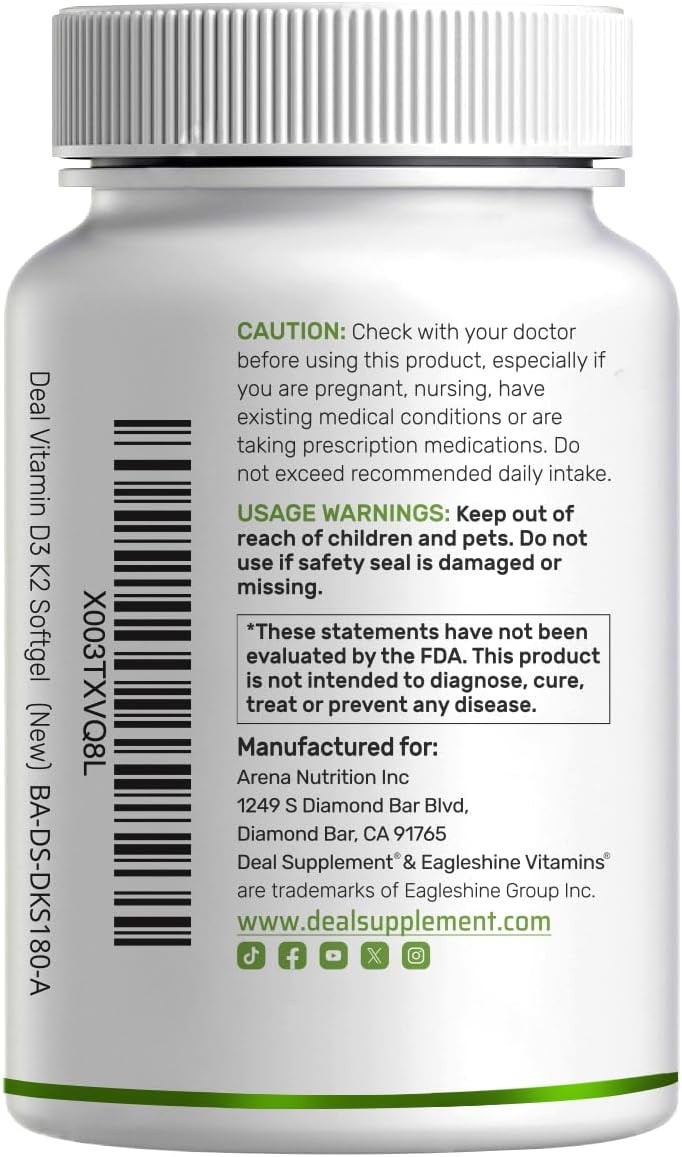 DEAL SUPPLEMENT Vitamin D3 5,000 IU + K2 MK7 Softgels,250 Count | 2-in-1 Complex