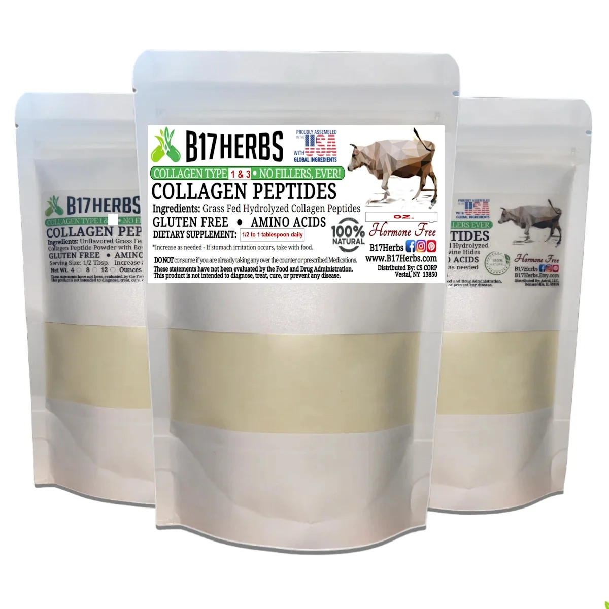 Collagen Peptides Powder- 100% Grass Fed, Bovine, Type I & III – 4 oz.