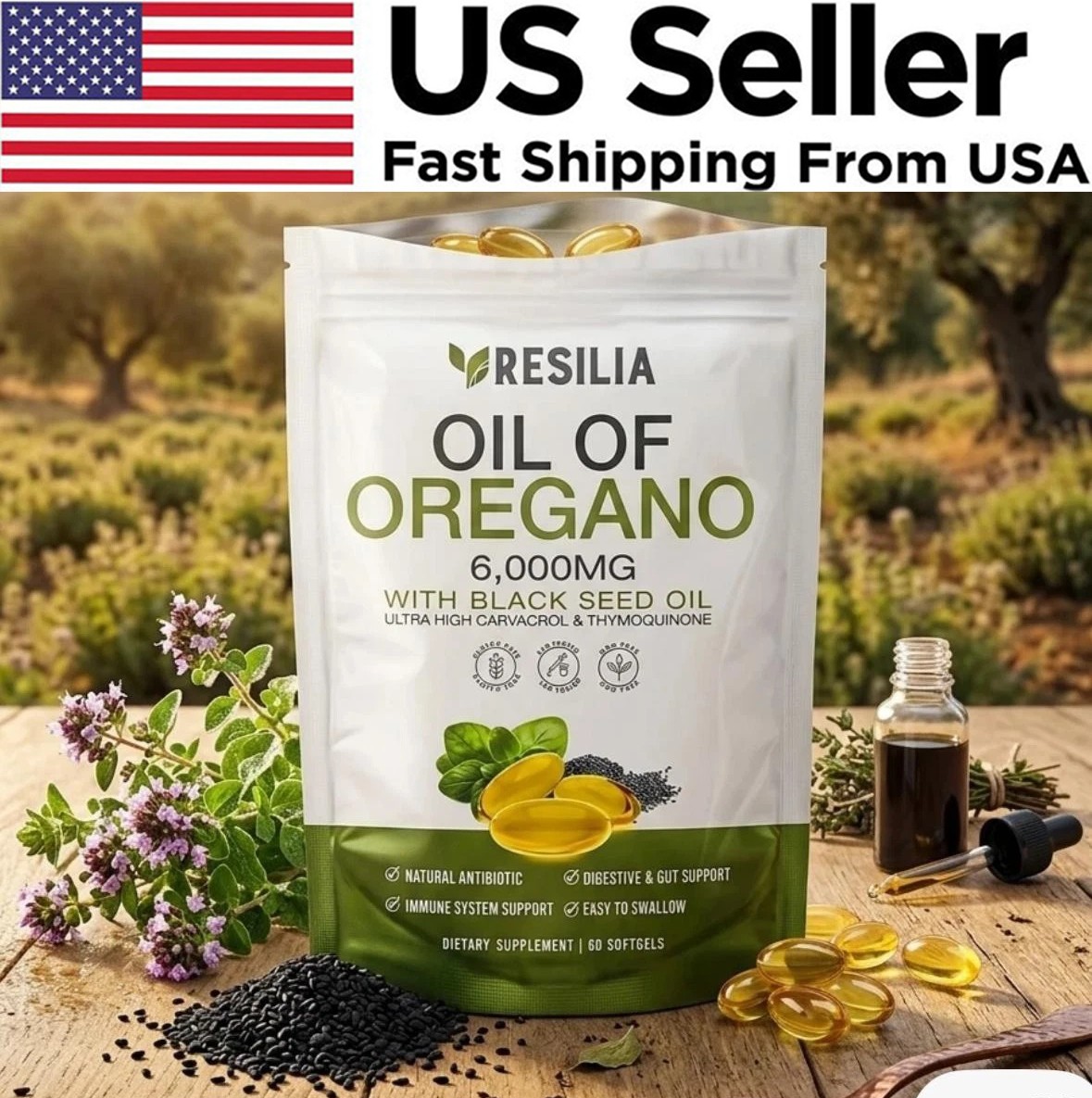 Resilia Oil of Oregano 6000mg with Black Seed Oil Softgels – 60 Capsules 1xPk