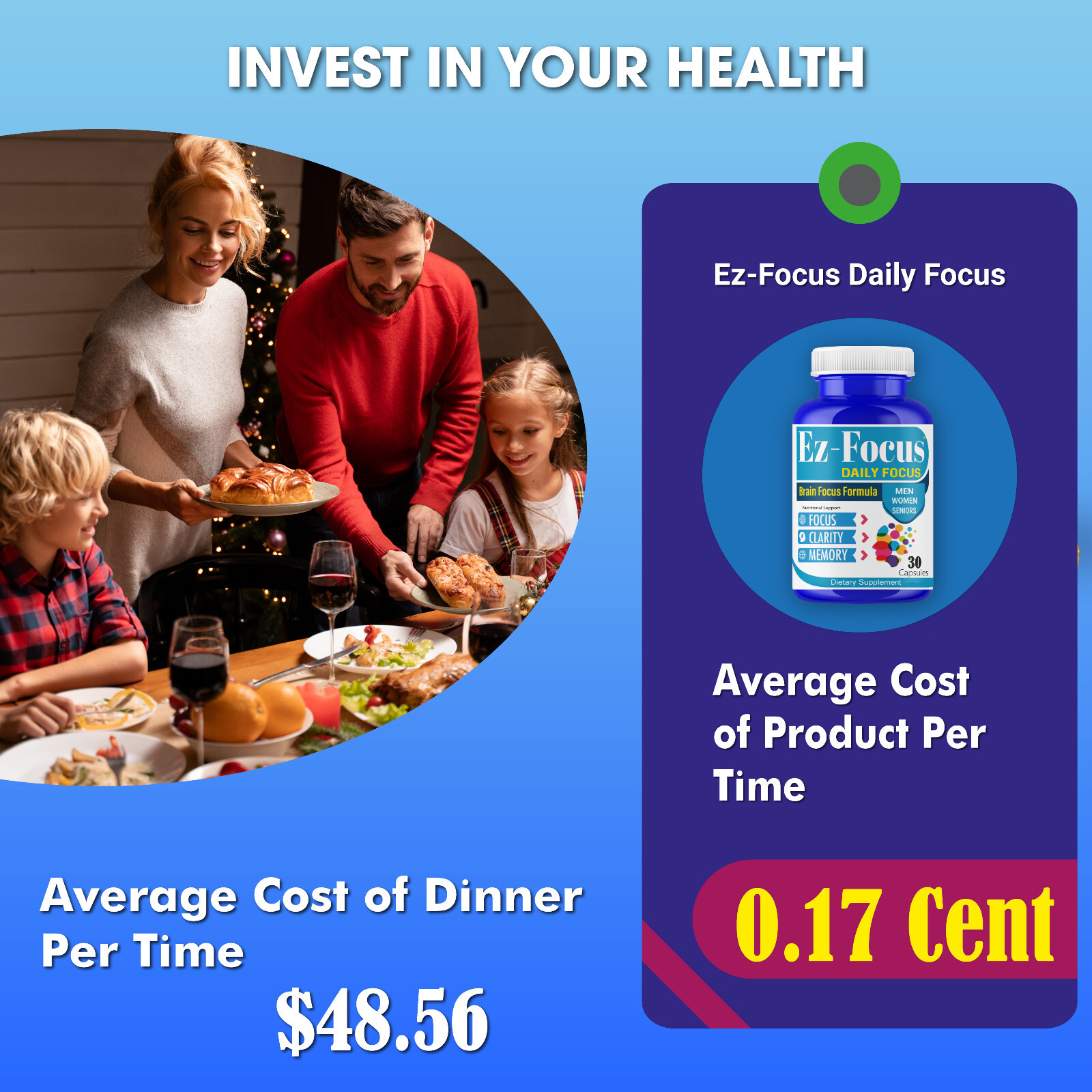 EZ-Focus Brain Booster Supplement & Focus Vitamins for Seniors and Adults 60Caps