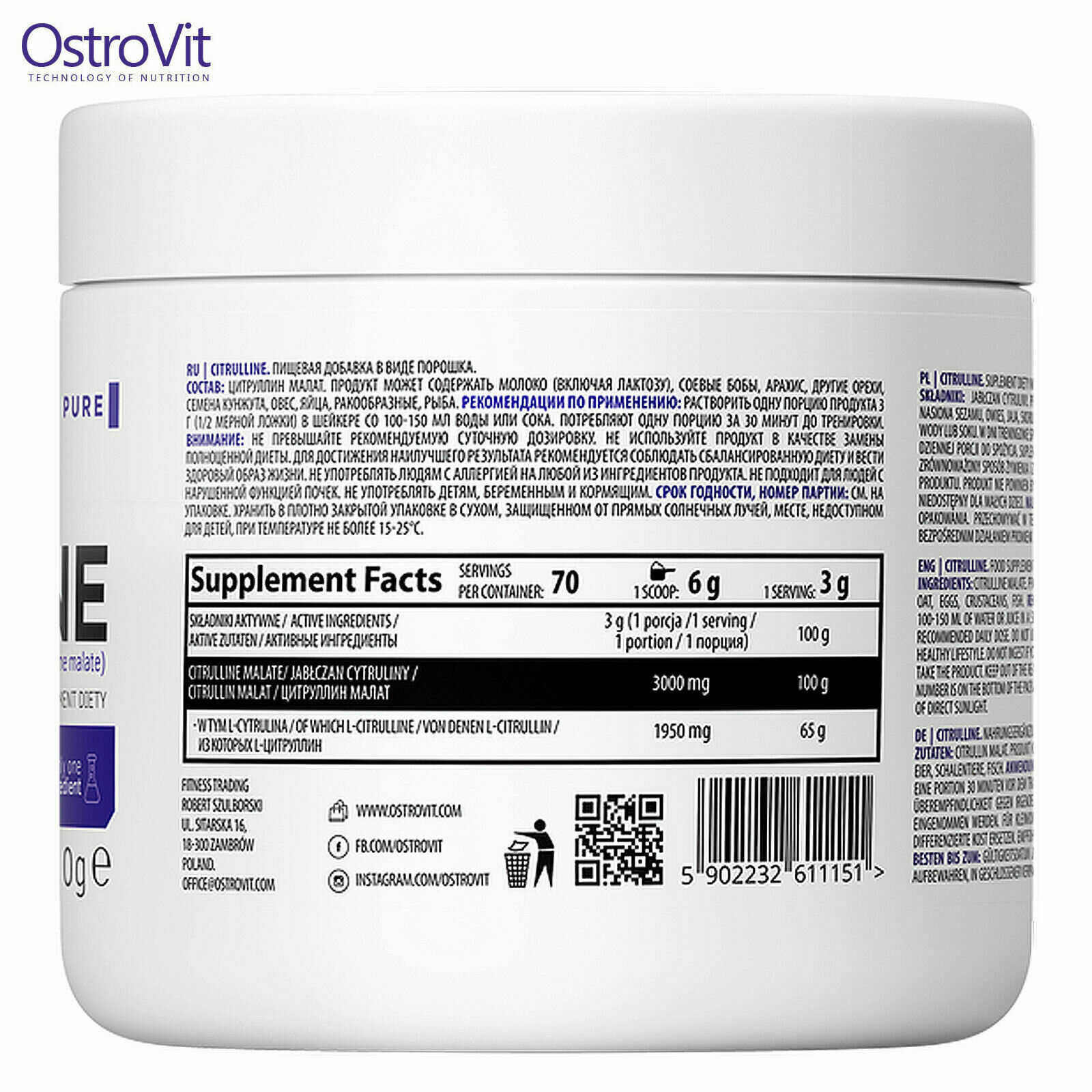 OstroVit Citrulline 70 Servings Reduces Fatigue – Increases The Muscle Pump