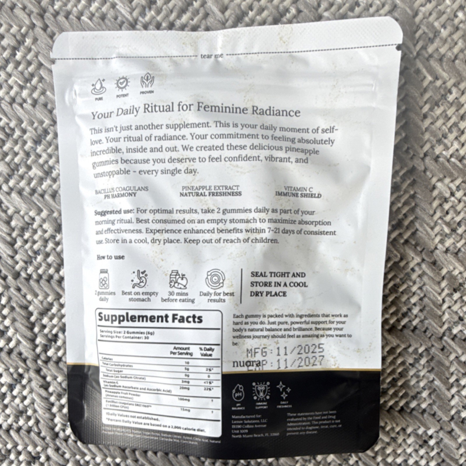 Nuora Feminine Gummies Dietary Supplement Pineapple 60 Ct Gut/Immune Support